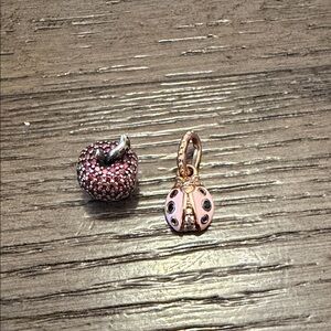 Pandora Pink and Silver Ladybug and Apple Brooch and pink glass set (3 charms)